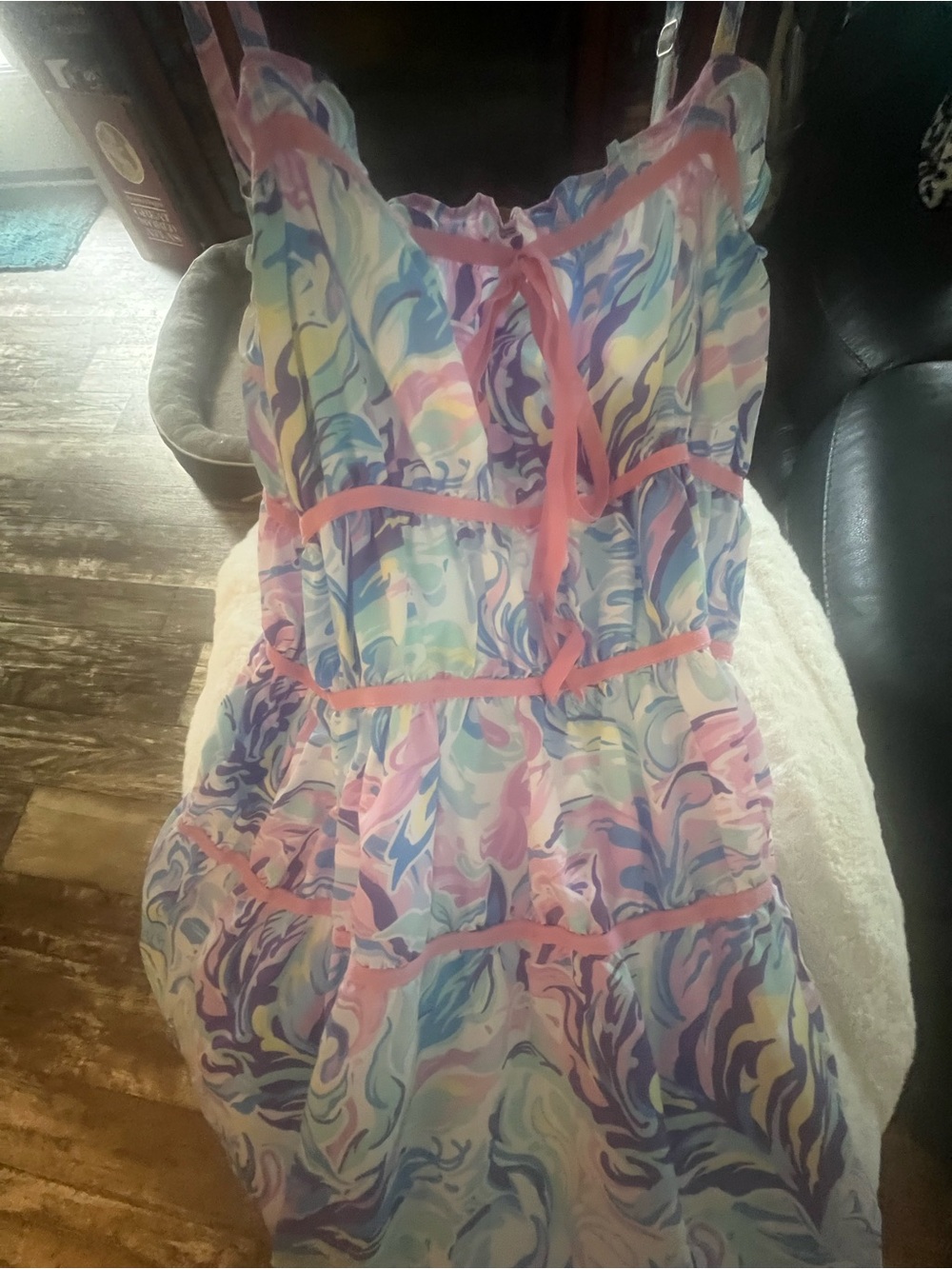 Pastel Swirl One-Piece Dress with Pink Trim